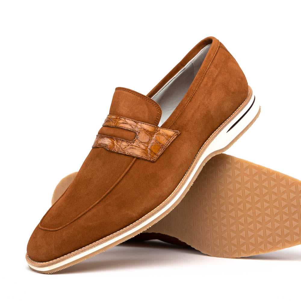 Zelli Meo 3 Contemporary Suede and Crocodile Penny Loafers in Cognac