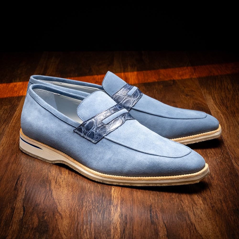 Zelli Meo 3 Suede and Genuine Crocodile Penny Loafers in Water Blue