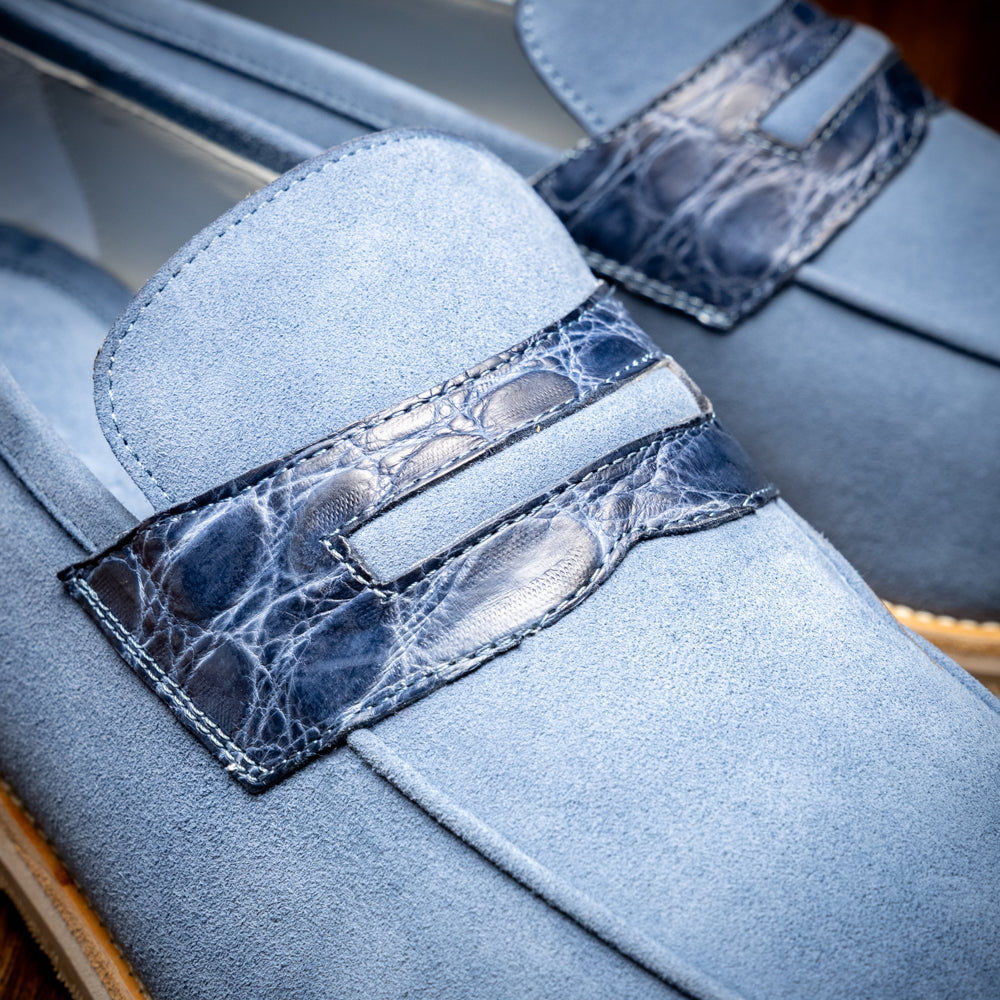 Zelli Meo 3 Suede and Genuine Crocodile Penny Loafers in Water Blue