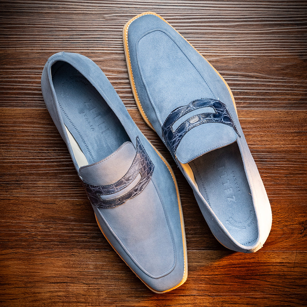 Zelli Meo 3 Suede and Genuine Crocodile Penny Loafers in Water Blue