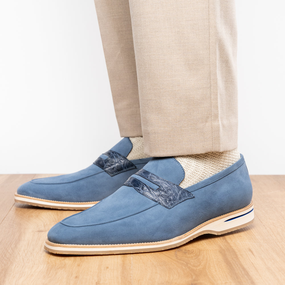 Zelli Meo 3 Suede and Genuine Crocodile Penny Loafers in Water Blue
