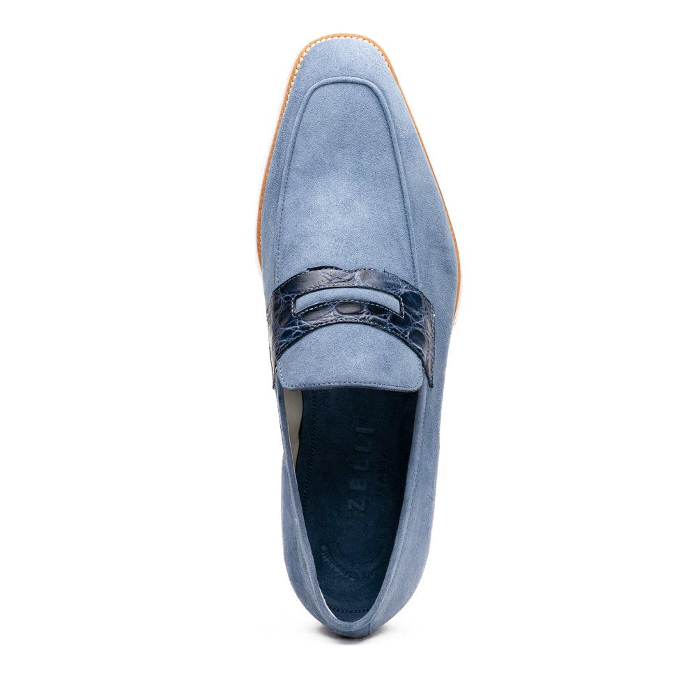 Zelli Meo 3 Suede and Genuine Crocodile Penny Loafers in Water Blue