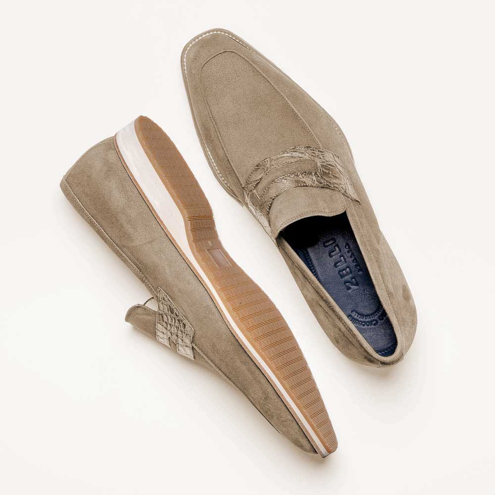 Zelli Meo 3 Taupe Suede Loafers with Genuine Crocodile Accent