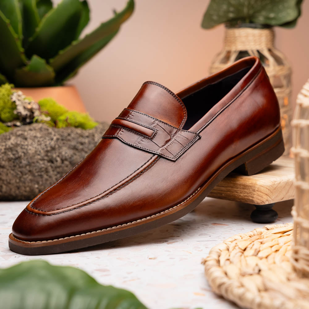 Zelli Meo Hand Burnished Calfskin Penny Loafers in Cognac