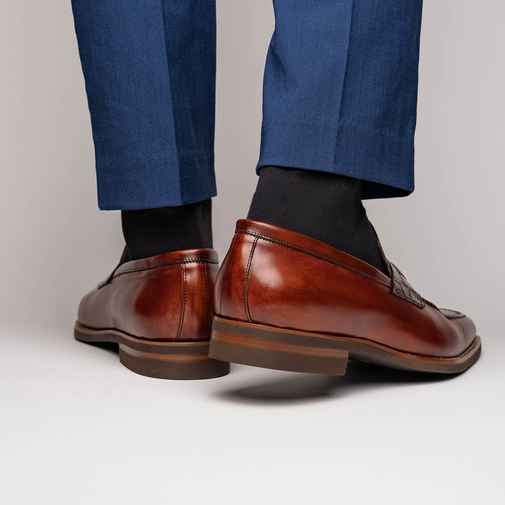 Zelli Meo Hand Burnished Calfskin Penny Loafers in Cognac