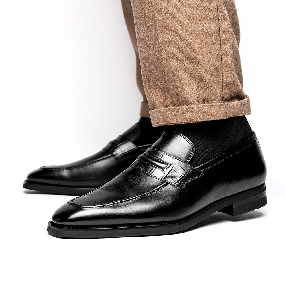Zelli Meo Hand-Burnished Calfskin Loafers with Embossed Vamp in Black
