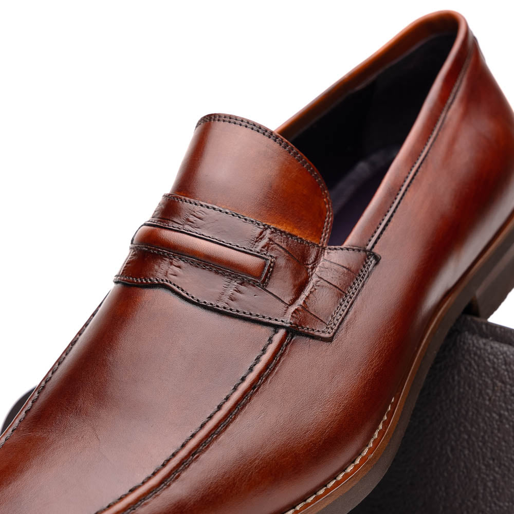 Zelli Meo Hand Burnished Calfskin Penny Loafers in Cognac