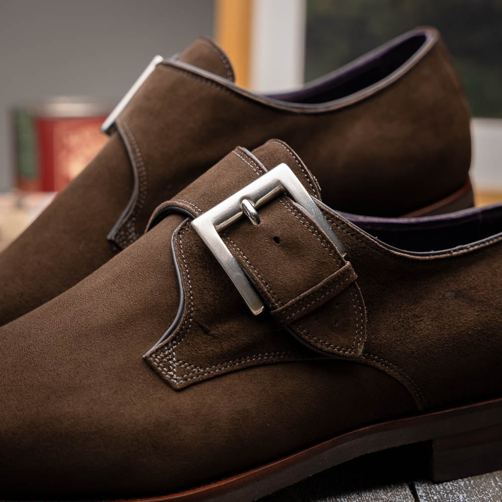 Zelli Hebilla Italian Suede Monk Strap Dress Shoe in Dark Brown