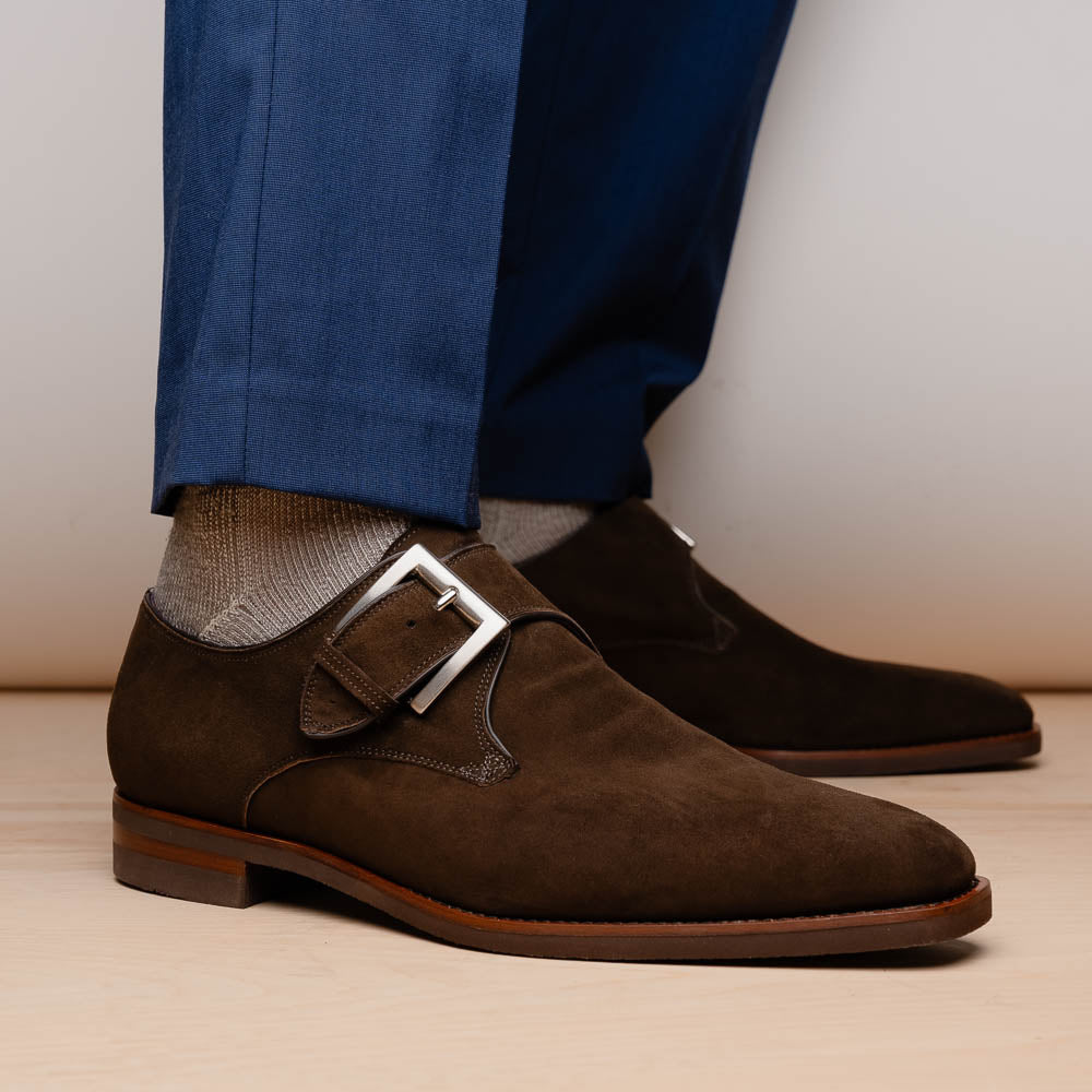 Zelli Hebilla Italian Suede Monk Strap Dress Shoe in Dark Brown