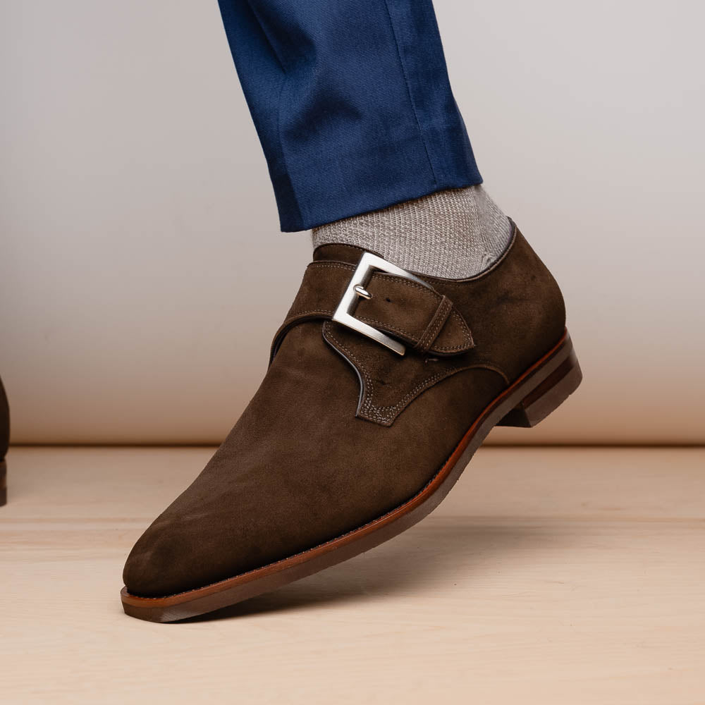 Zelli Hebilla Italian Suede Monk Strap Dress Shoe in Dark Brown