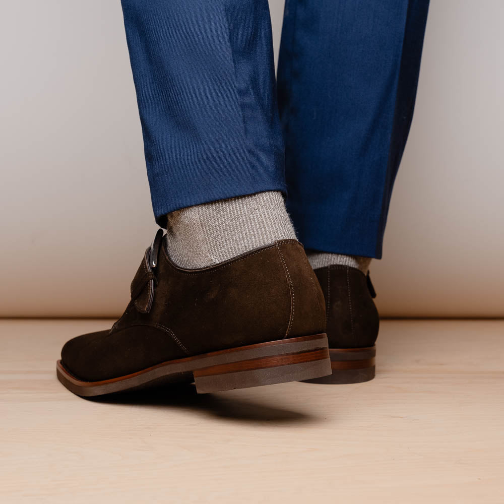 Zelli Hebilla Italian Suede Monk Strap Dress Shoe in Dark Brown