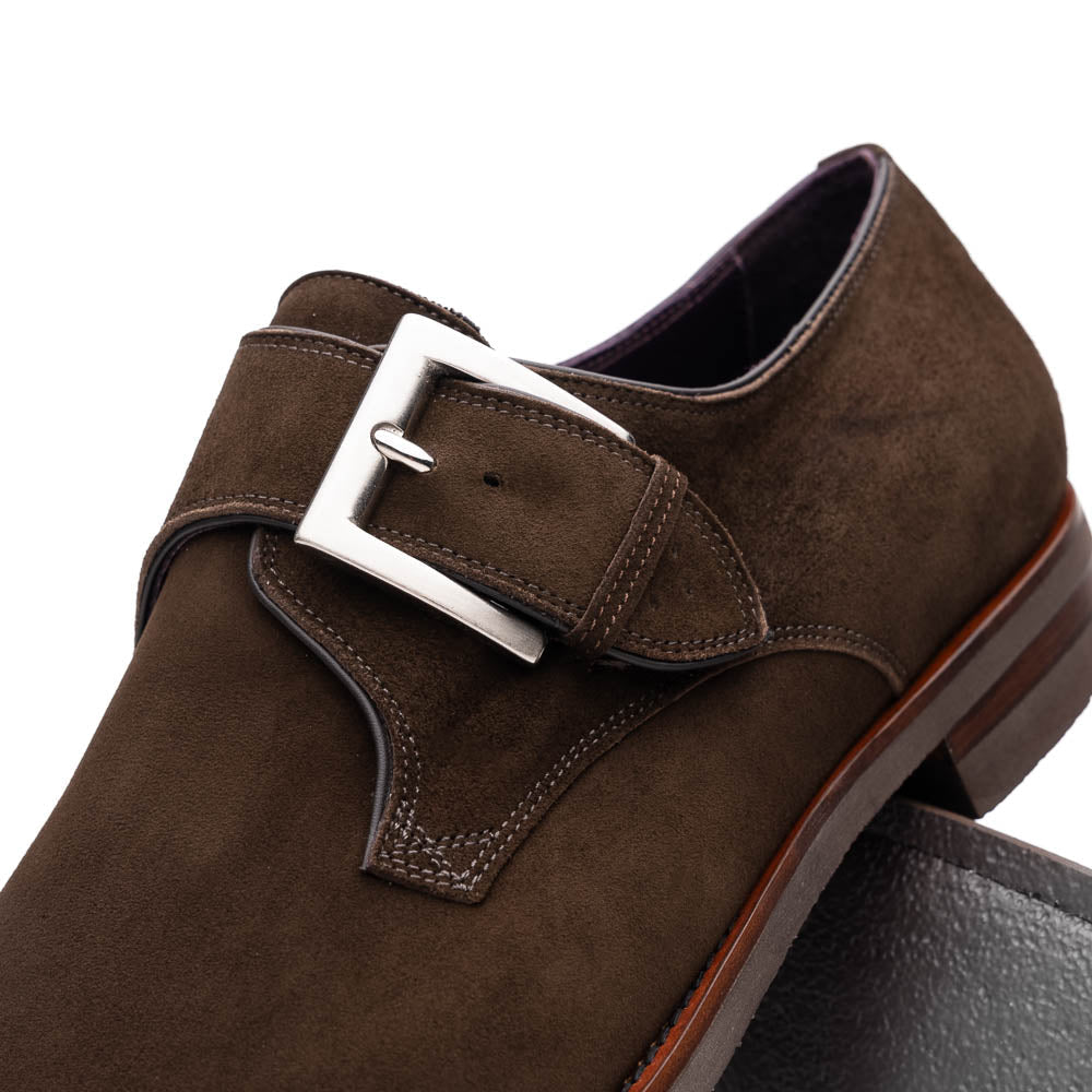 Zelli Hebilla Italian Suede Monk Strap Dress Shoe in Dark Brown
