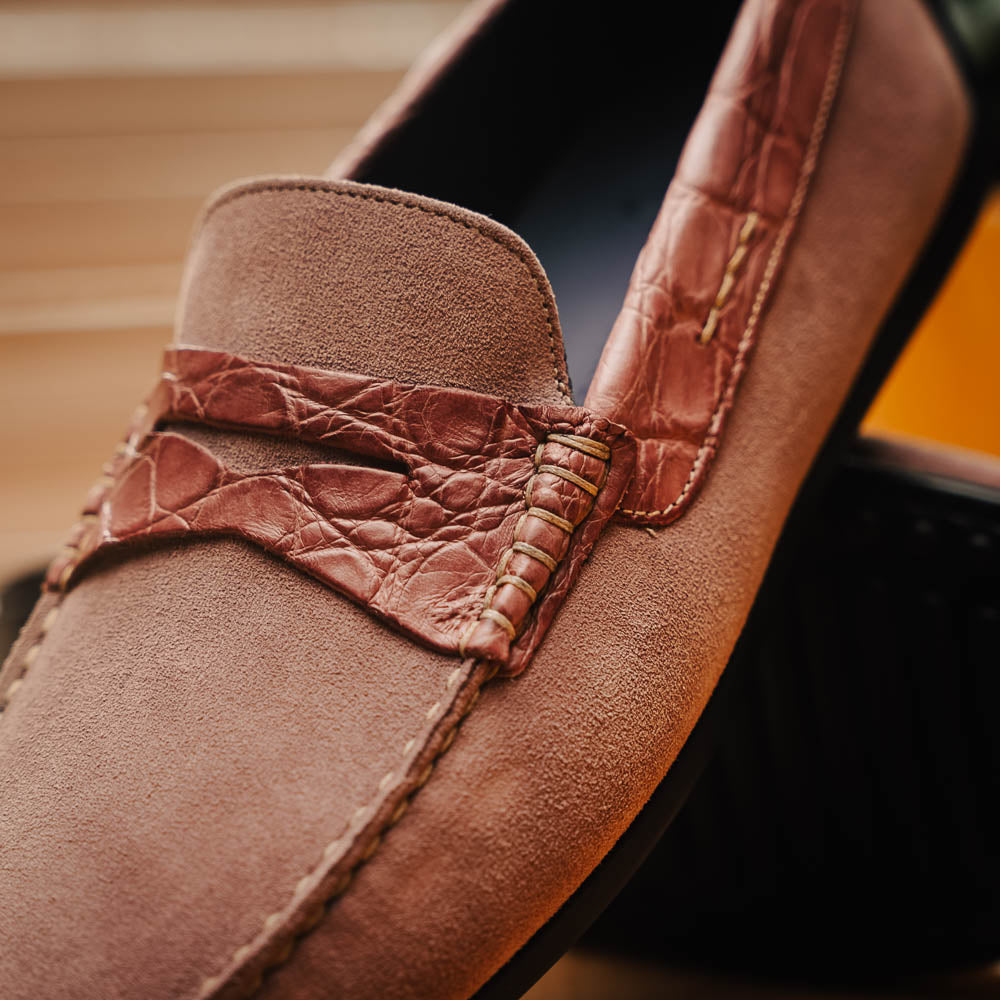 Zelli Monza Suede and Caiman Crocodile Driving Shoes in Candy