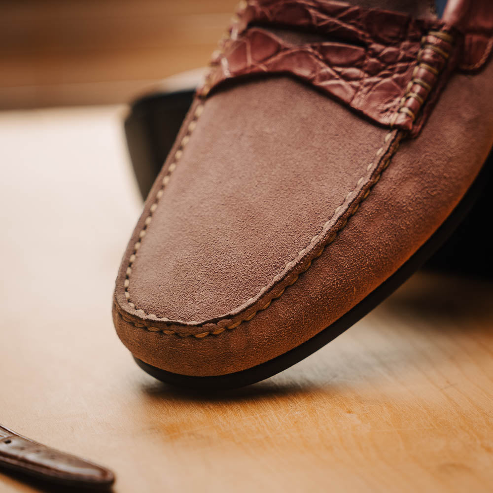 Zelli Monza Suede and Caiman Crocodile Driving Shoes in Candy
