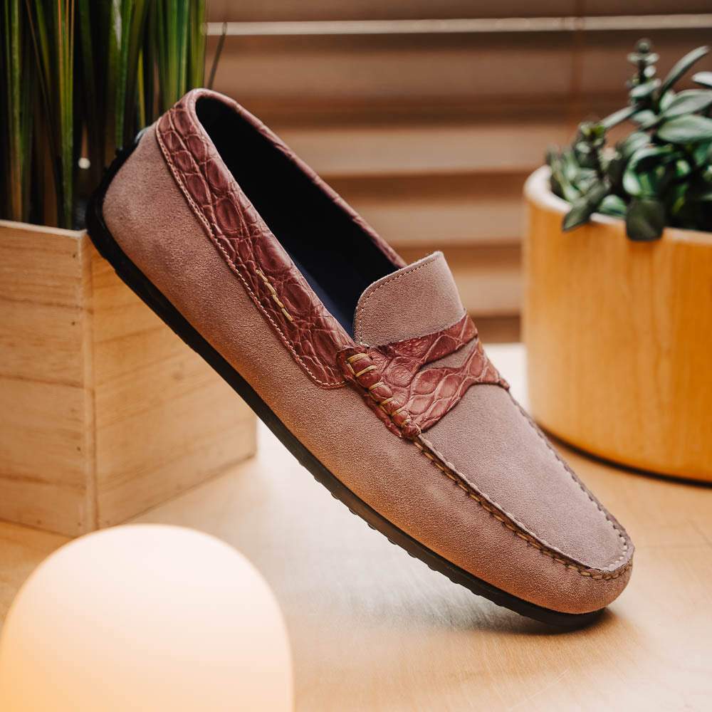 Zelli Monza Suede and Caiman Crocodile Driving Shoes in Candy