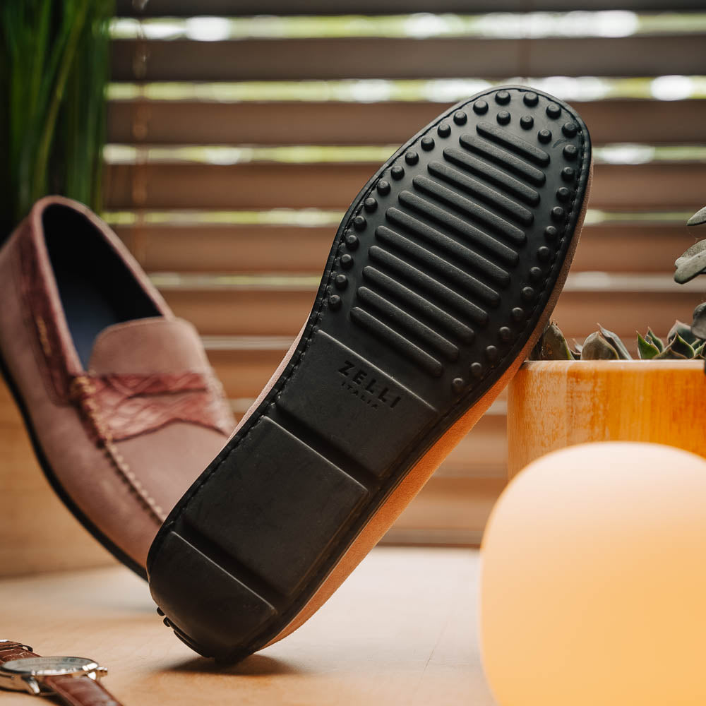 Zelli Monza Suede and Caiman Crocodile Driving Shoes in Candy