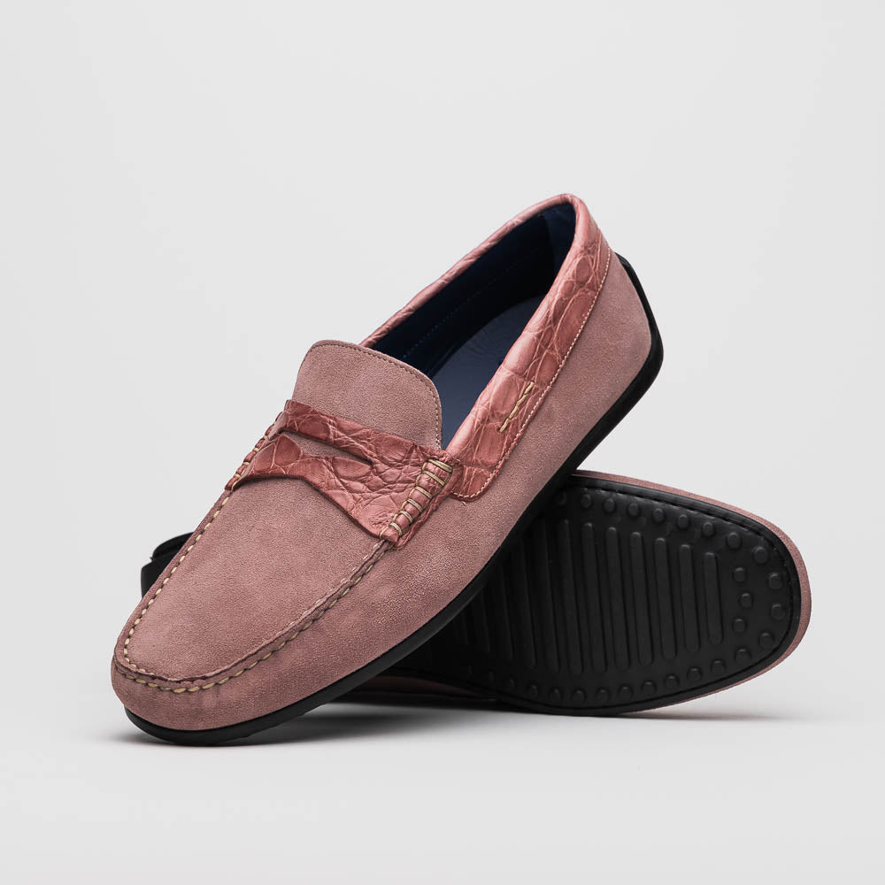 Zelli Monza Suede and Caiman Crocodile Driving Shoes in Candy