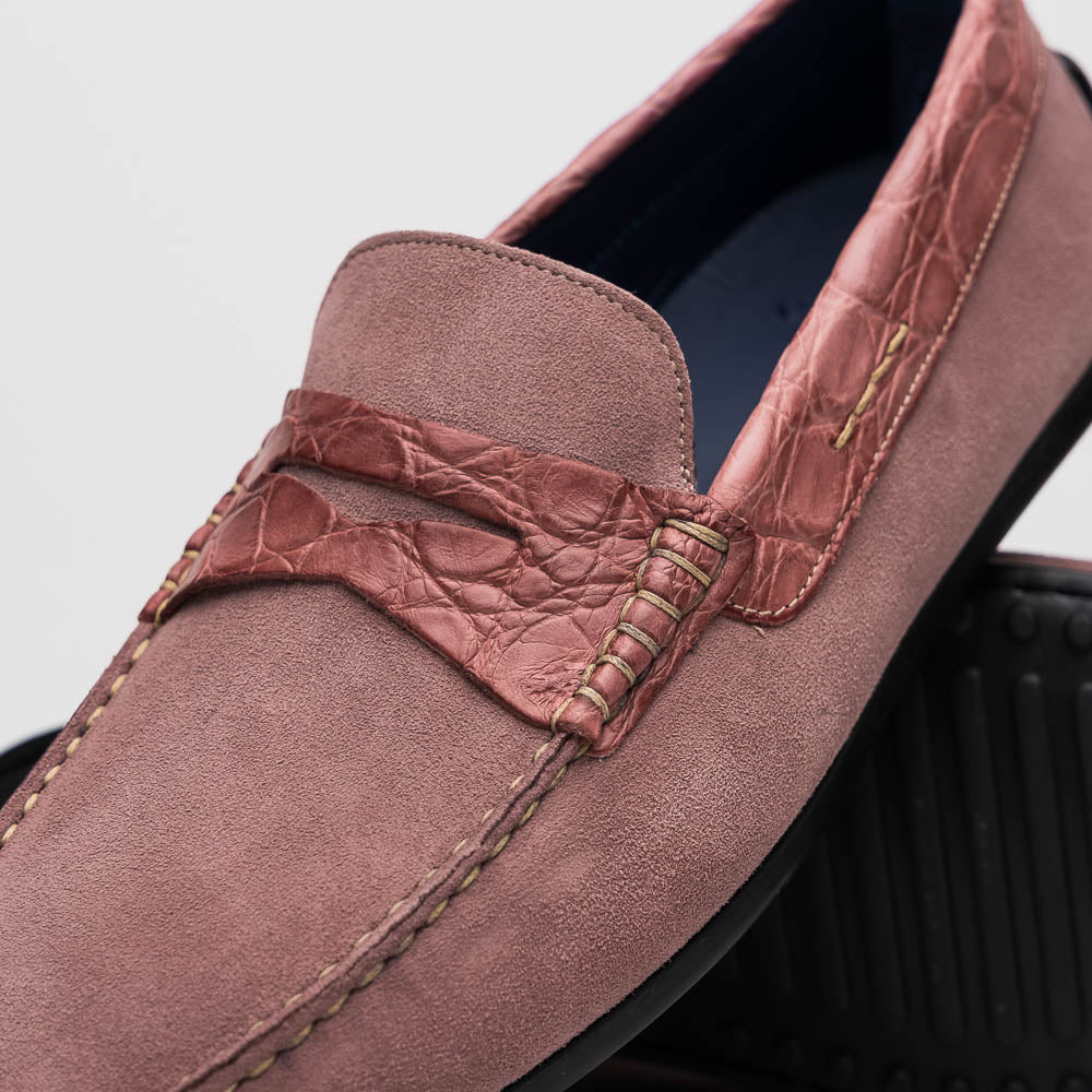 Zelli Monza Suede and Caiman Crocodile Driving Shoes in Candy