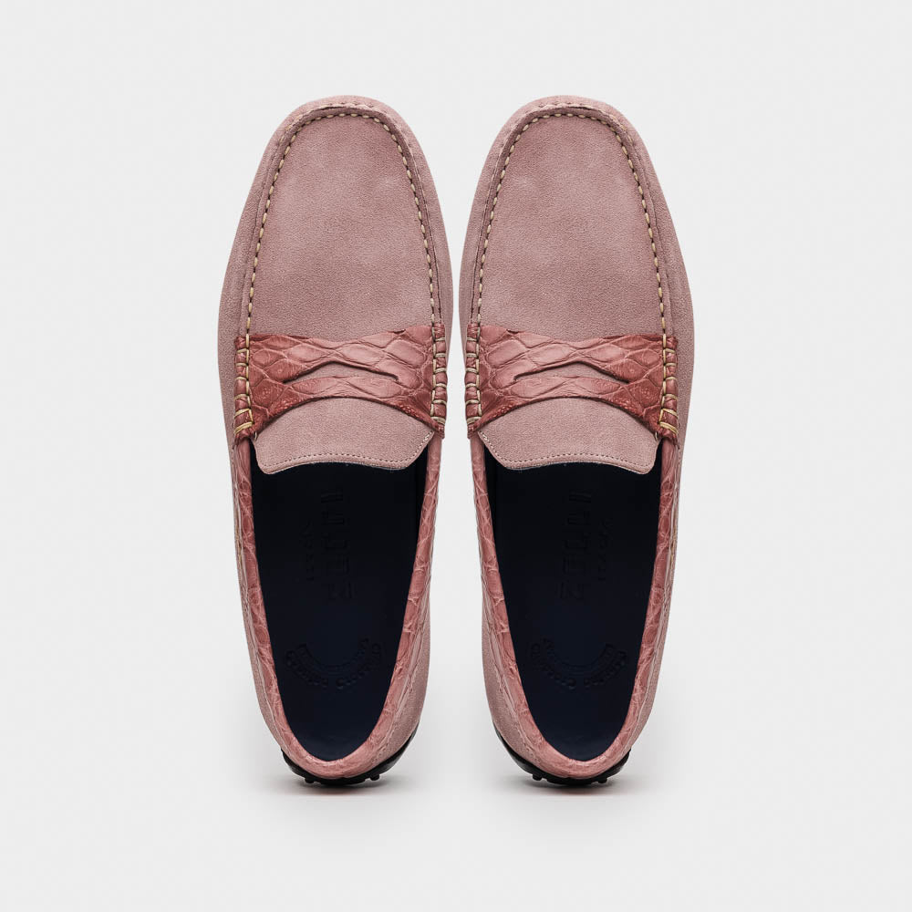 Zelli Monza Suede and Caiman Crocodile Driving Shoes in Candy