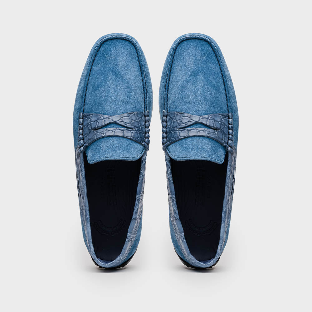 Zelli Monza Suede & Caiman Crocodile Driving Shoes in Denim