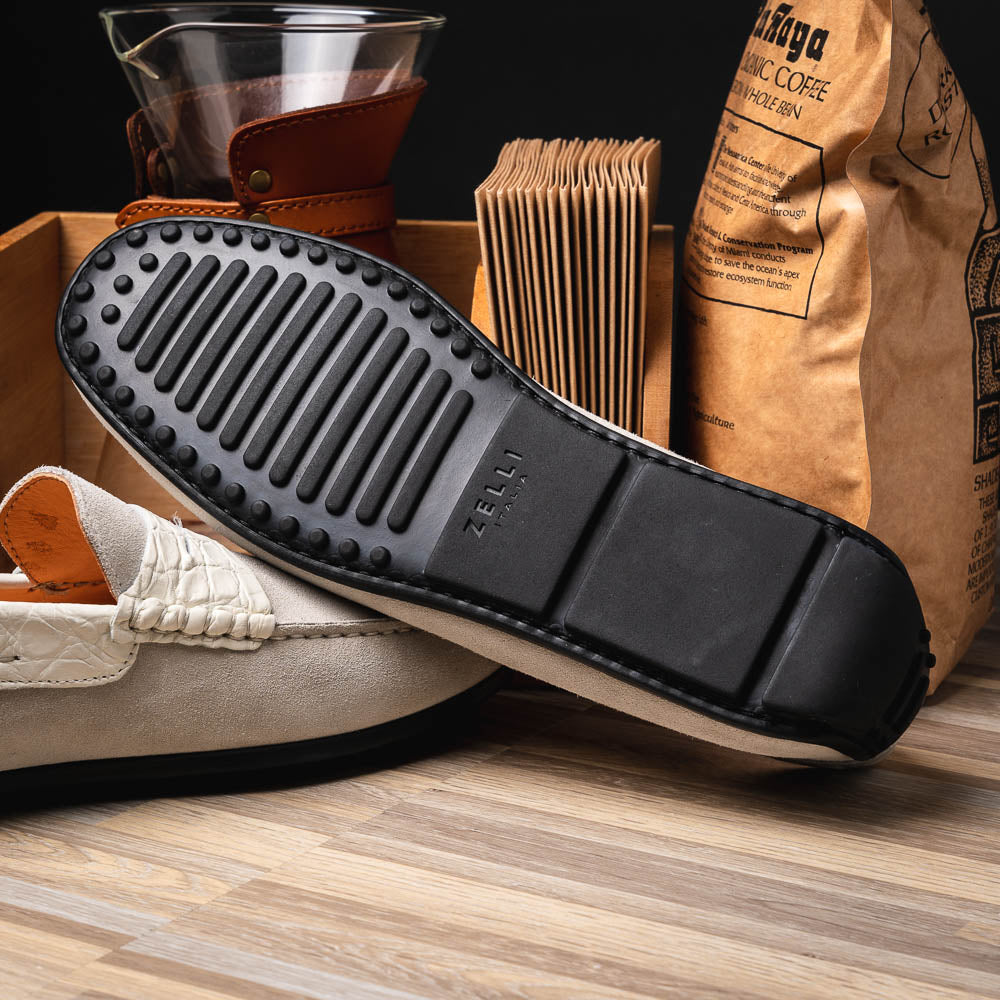Zelli Monza Suede and Caiman Crocodile Driving Loafer in White