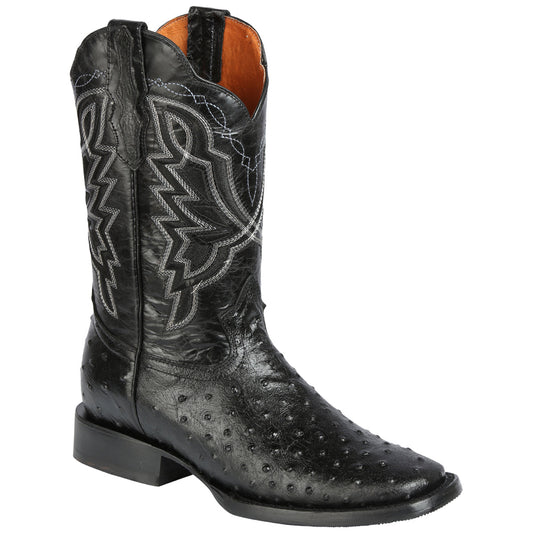 Printed ostrich black square toe cowboy boot