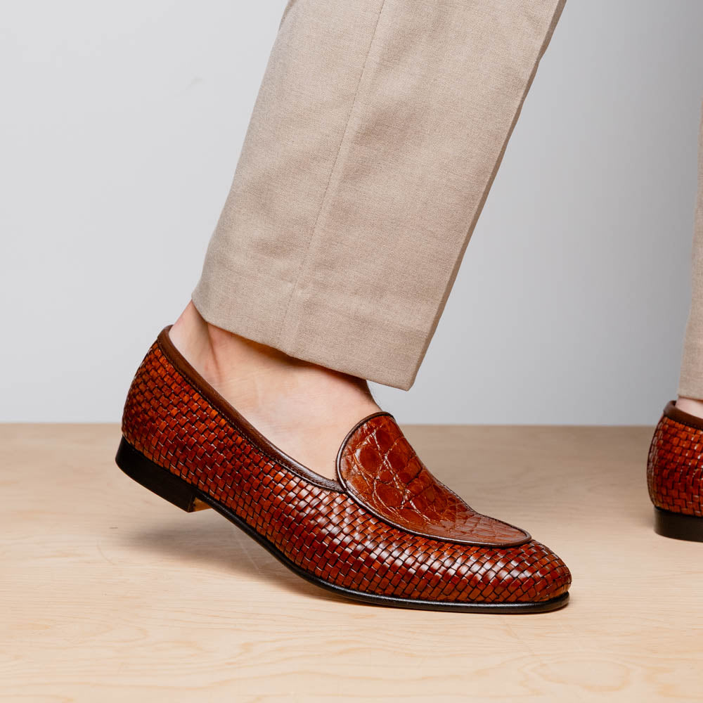 Zelli Palio Crocodile and Calfskin Basketweave Loafer in Cognac