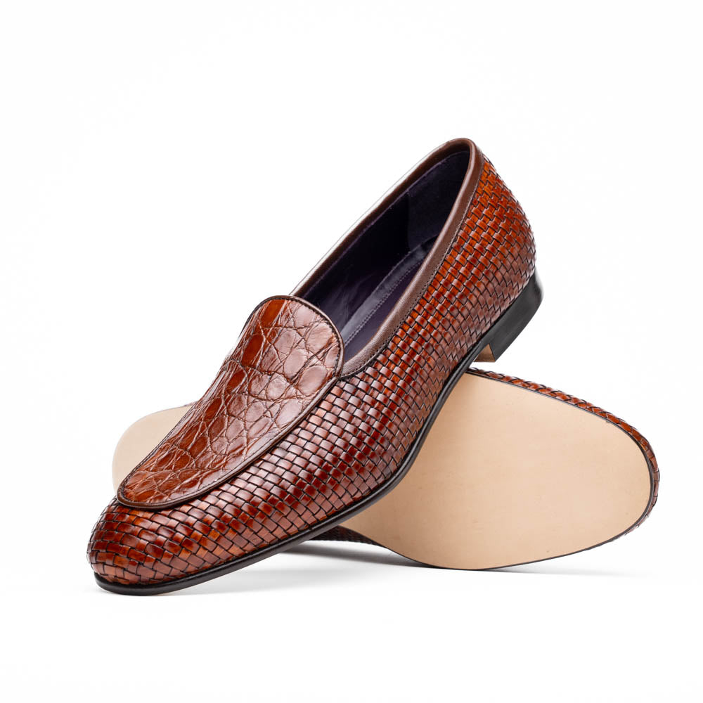 Zelli Palio Crocodile and Calfskin Basketweave Loafer in Cognac