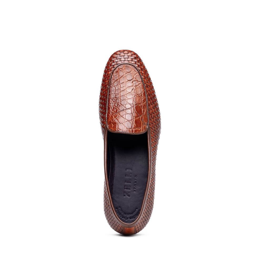 Zelli Palio Crocodile and Calfskin Basketweave Loafer in Cognac