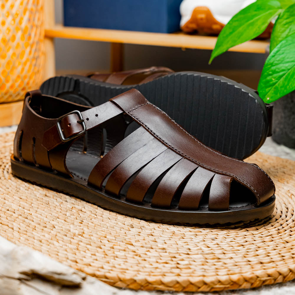 Zelli Pesca Woven Calfskin Fisherman Sandal in Brown