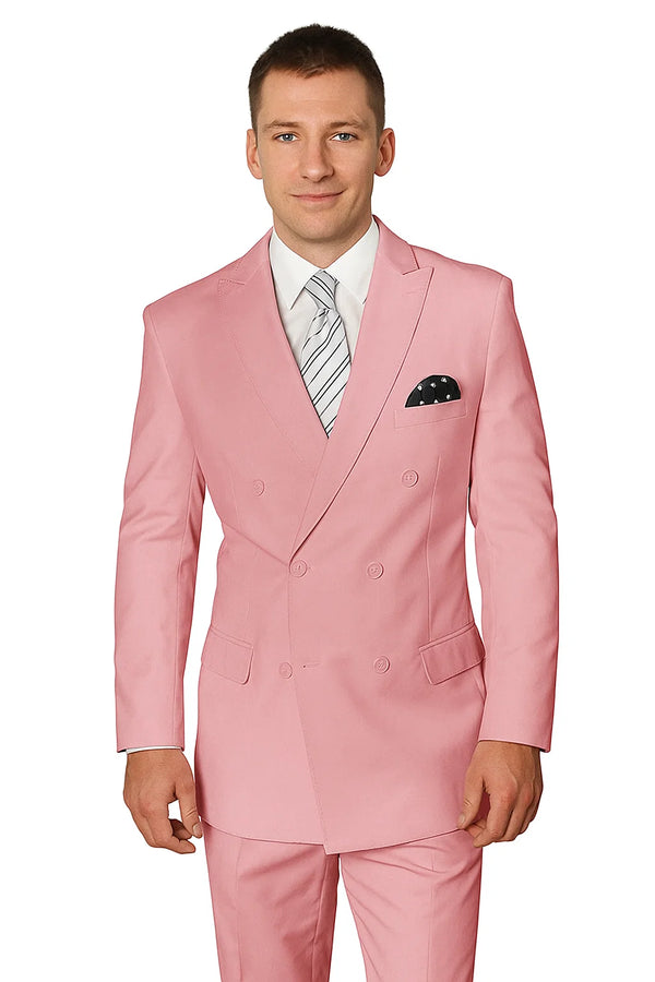 Pink Suit - Elegant Men’s Double-Breasted Wool Suit in Soft Blush Pink