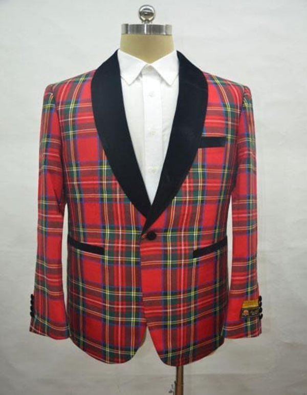 Tartan Blazer - Big and Tall Plait Sport Coat - Windowpane Checkered Scottish English Patterns Party Blazer in Color Red Tartan