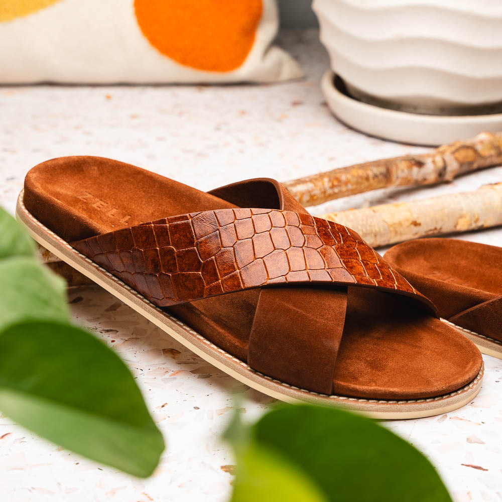 Zelli Rena Sueded Goatskin & Embossed Crocodile Slide in Cognac