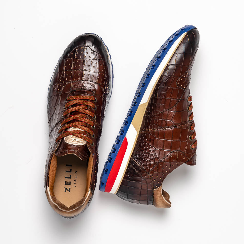 Zelli Rocco Hand-Burnished Embossed Crocodile Sneakers in Brown