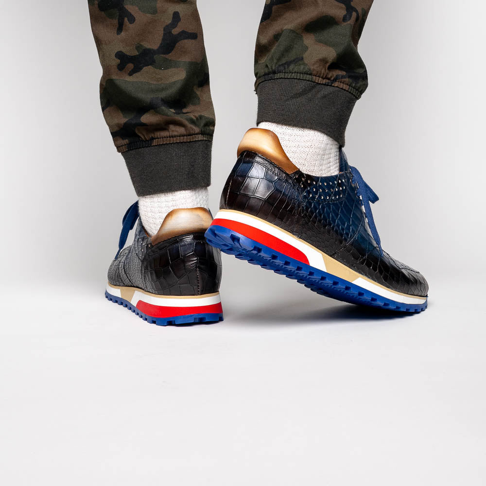 Zelli Rocco Hand-Burnished Crocodile Embossed Sneakers in Navy
