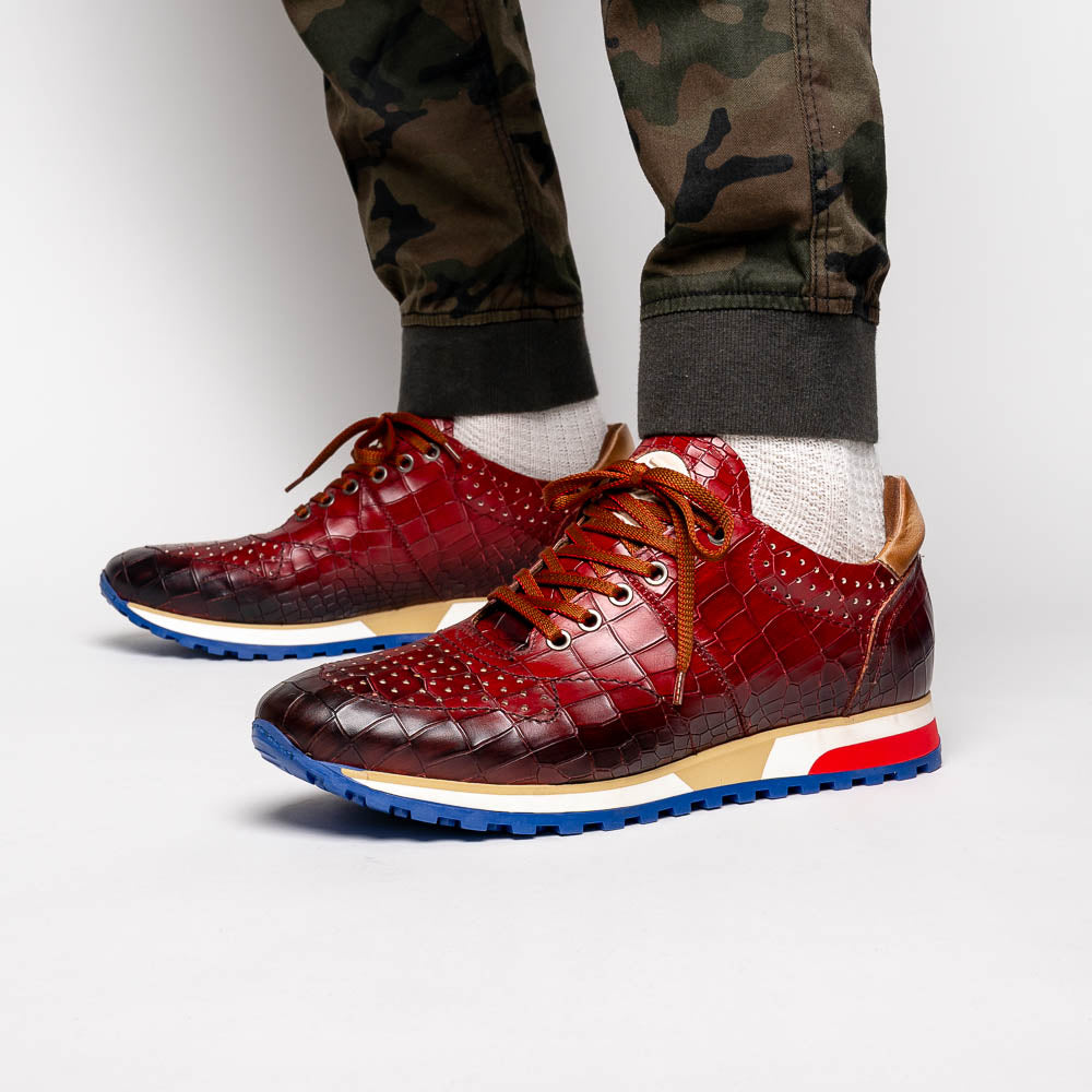 Zelli Rocco Hand-Burnished Embossed Crocodile Sneakers in Red