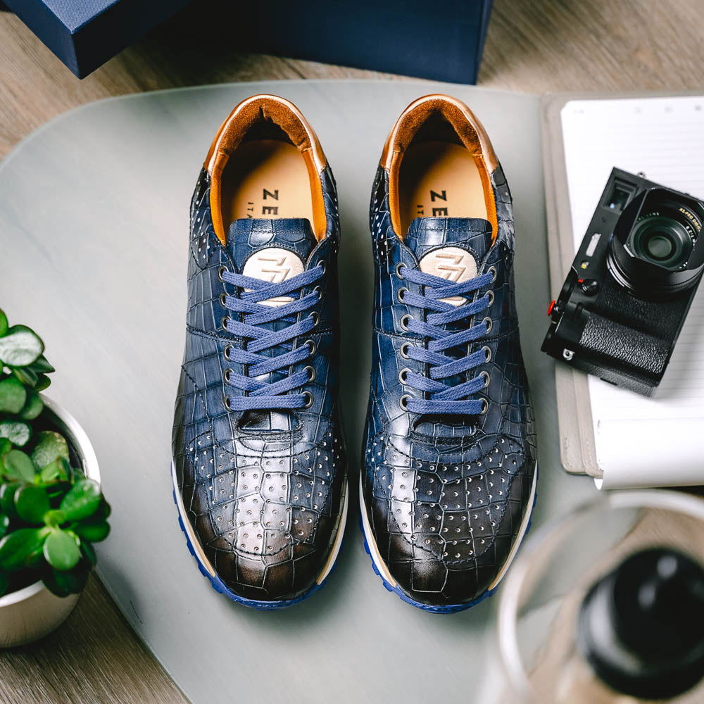 Zelli Rocco Hand-Burnished Crocodile Embossed Sneakers in Navy