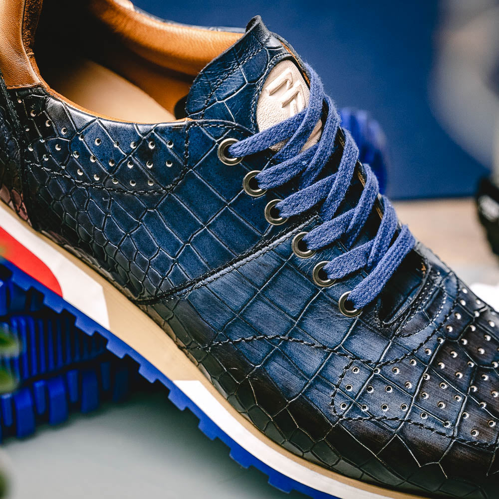 Zelli Rocco Hand-Burnished Crocodile Embossed Sneakers in Navy