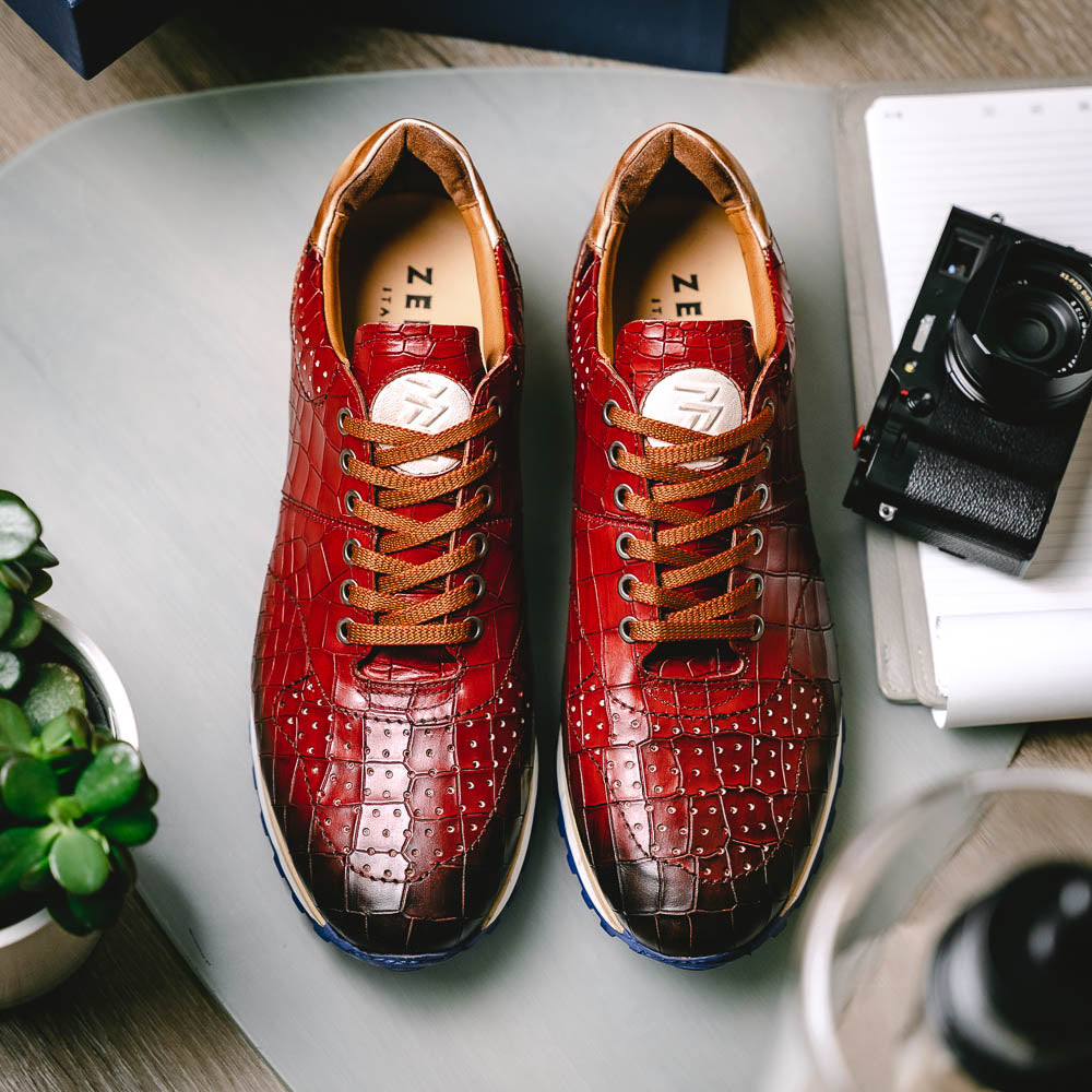 Zelli Rocco Hand-Burnished Embossed Crocodile Sneakers in Red