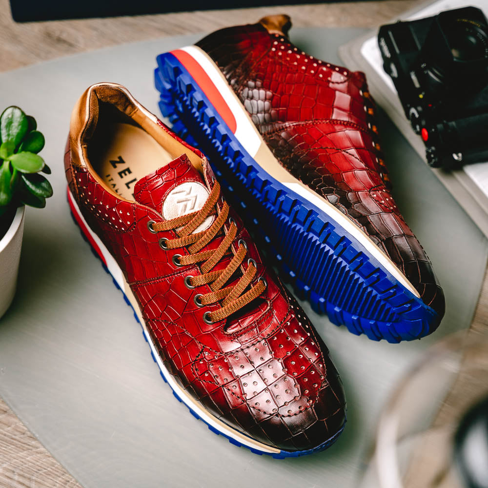 Zelli Rocco Hand-Burnished Embossed Crocodile Sneakers in Red