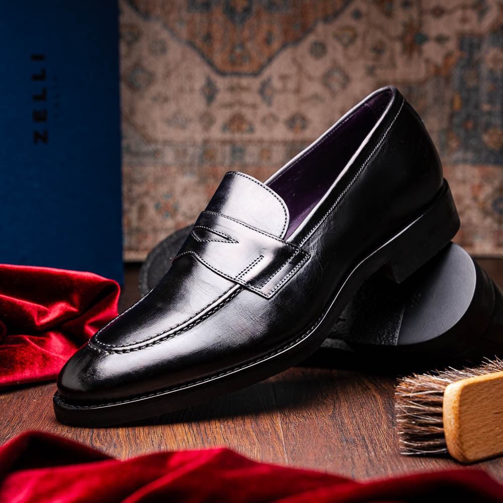 Zelli Roma Hand-Burnished Calfskin Penny Loafers in Black