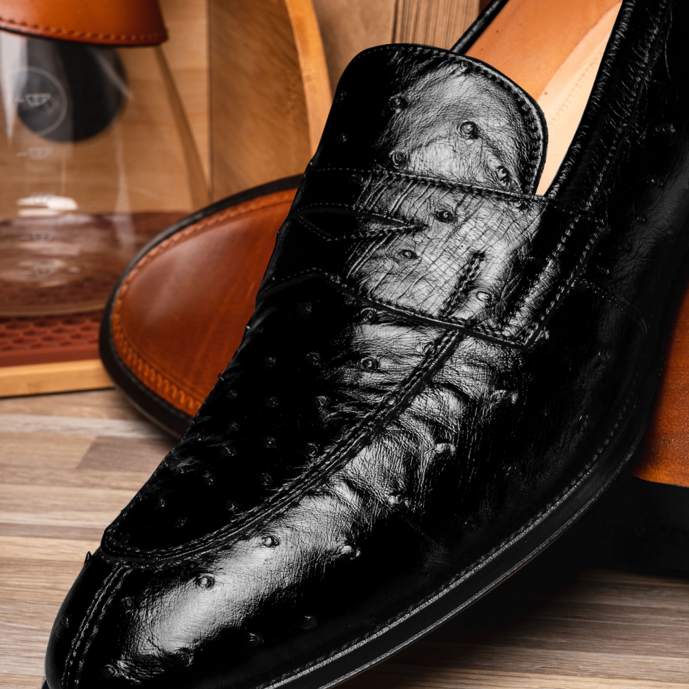 Zelli Roma Classic Penny Loafers in Genuine Black Ostrich Quill