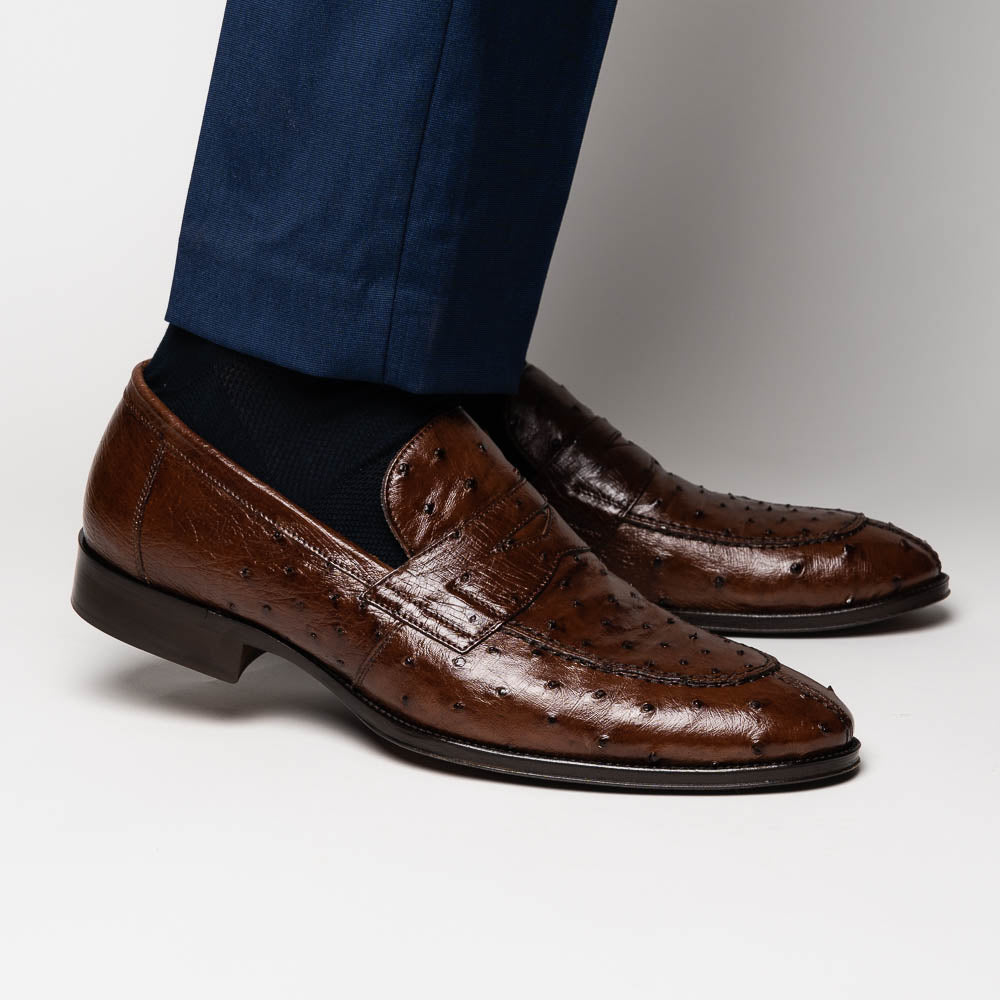 Zelli Roma Classic Penny Loafers in Genuine Brown Ostrich Quill