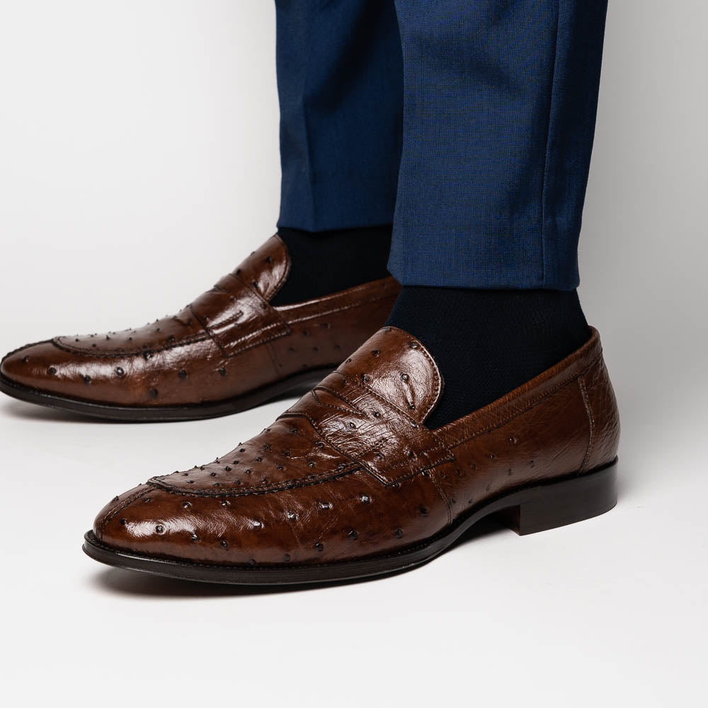 Zelli Roma Classic Penny Loafers in Genuine Brown Ostrich Quill