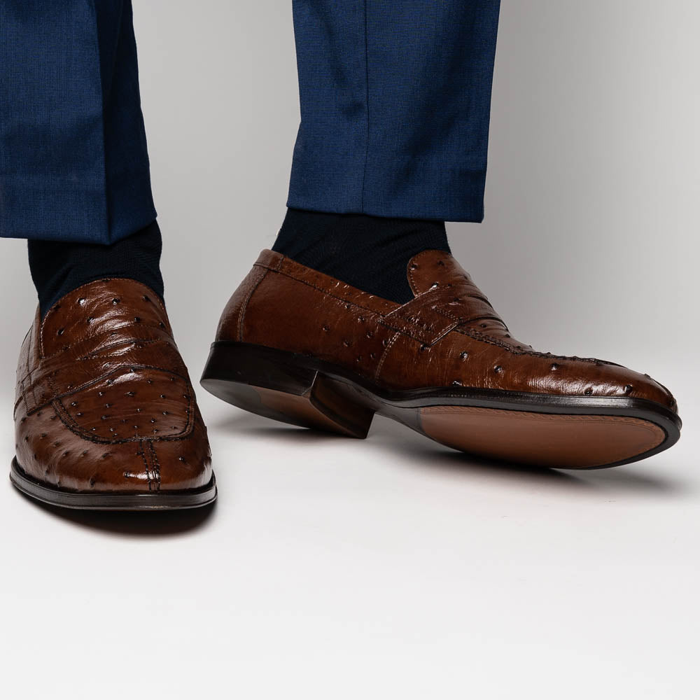 Zelli Roma Classic Penny Loafers in Genuine Brown Ostrich Quill