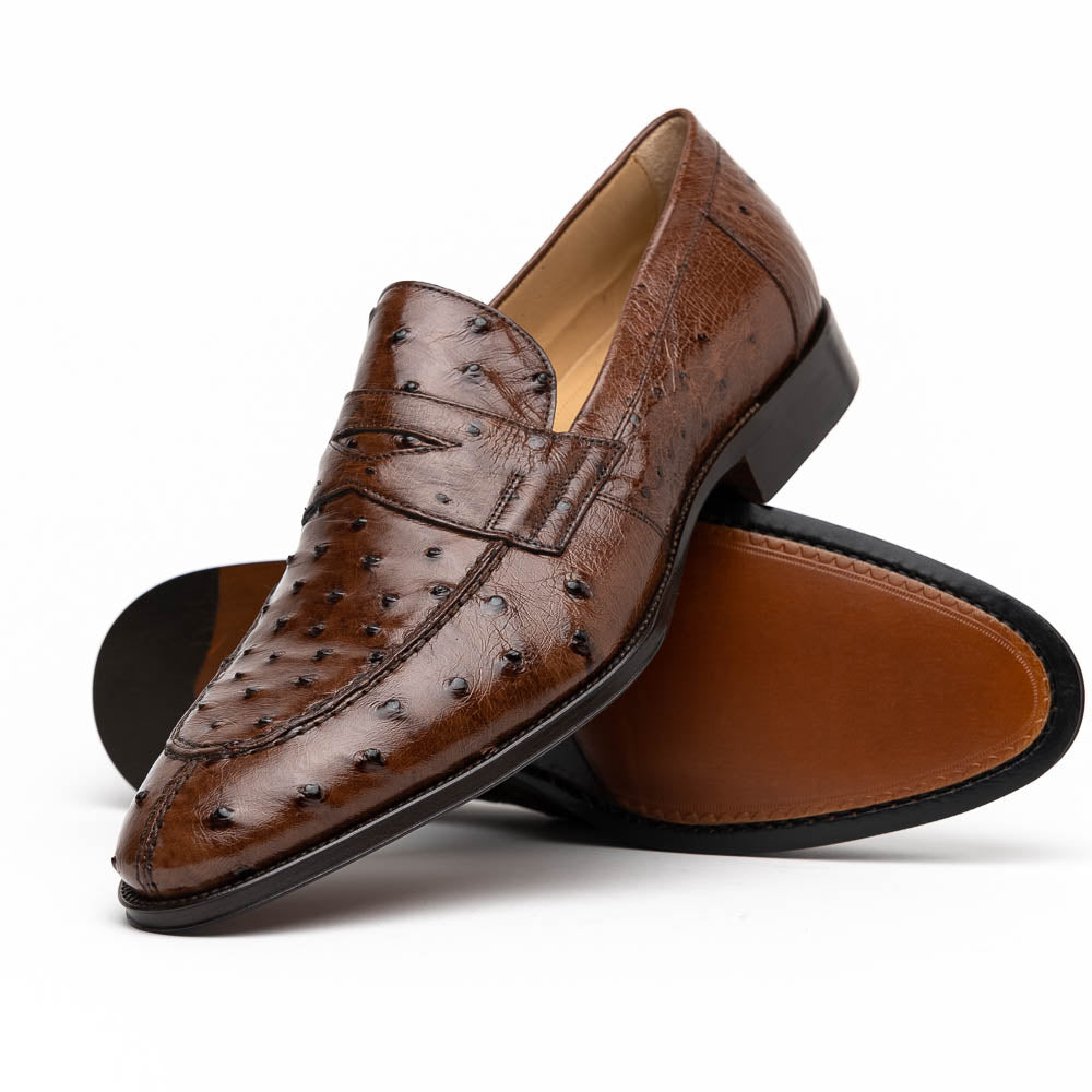 Zelli Roma Classic Penny Loafers in Genuine Brown Ostrich Quill