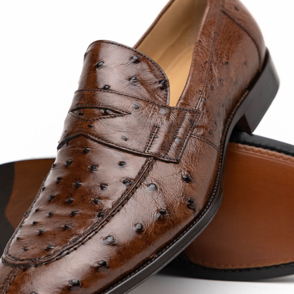 Zelli Roma Classic Penny Loafers in Genuine Brown Ostrich Quill