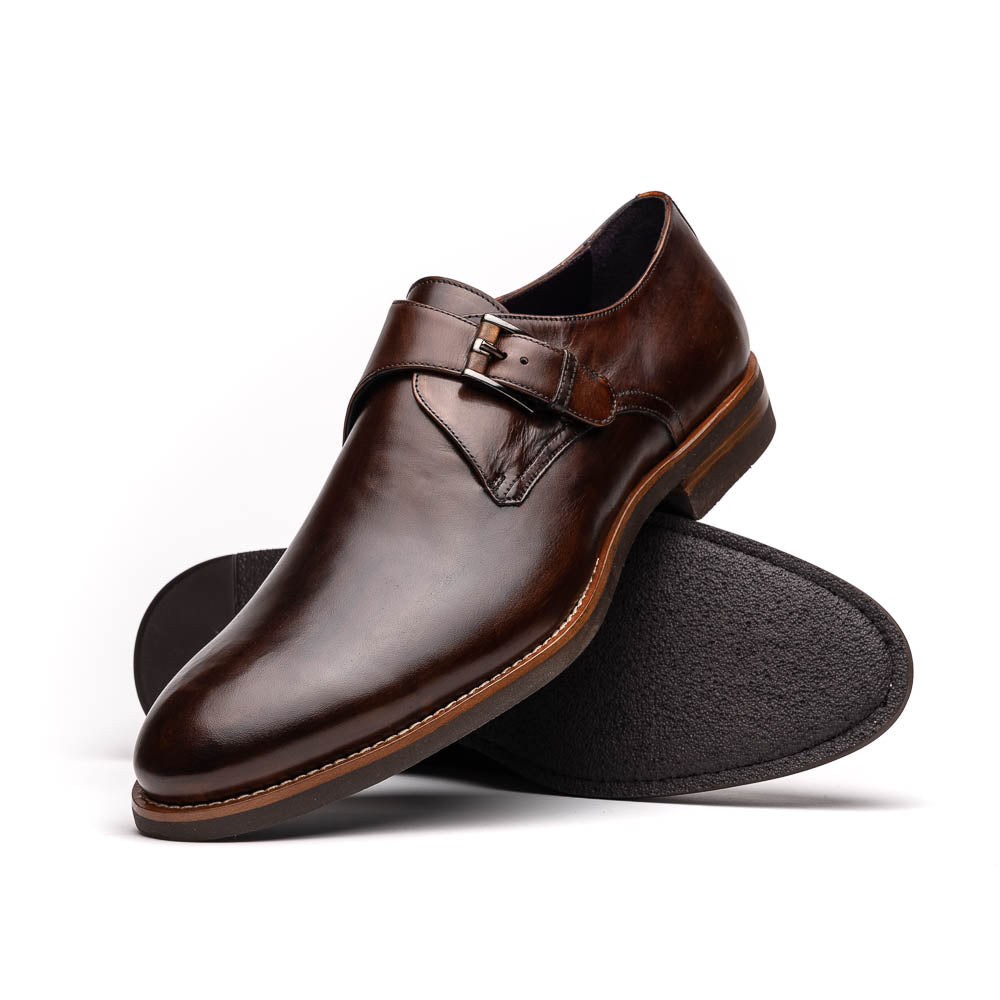 Zelli Roman Smooth Calfskin Monk Strap Dress Shoes in Chestnut