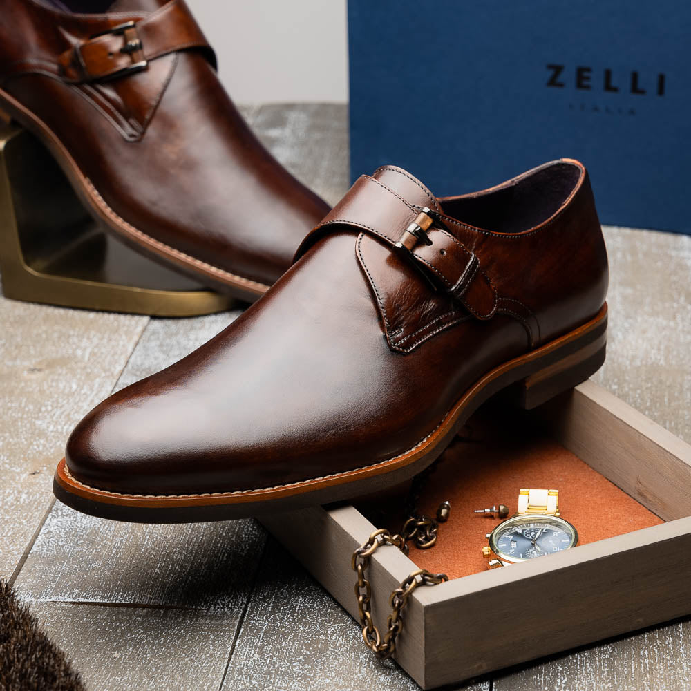 Zelli Roman Smooth Calfskin Monk Strap Dress Shoes in Chestnut