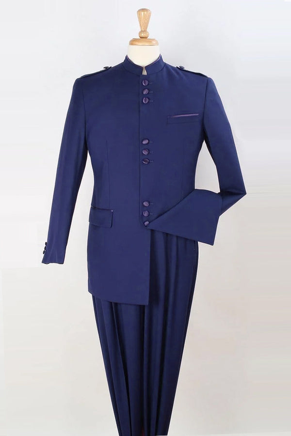 Mandarin Suit - Apollo King "Military Safari Suit for Men - Classic Mandarin Collar in Navy blue"
